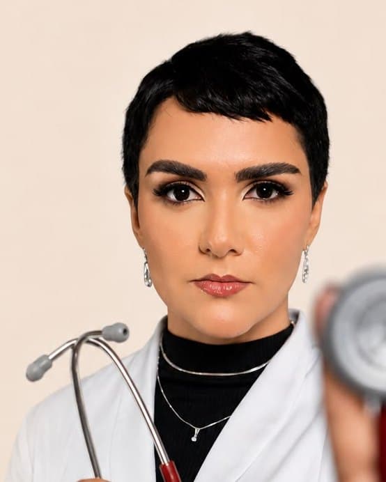 Patrícia de jaleco branco, segurando um estetoscópio.